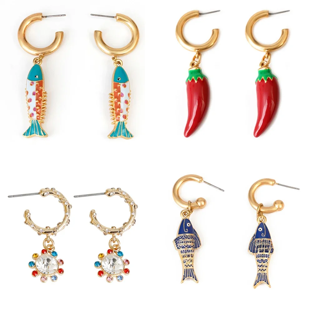 Fish earrings Enamel Double Side Kiss Fish Pendant Earrings Chic Women Girls Ear Cuff Statement