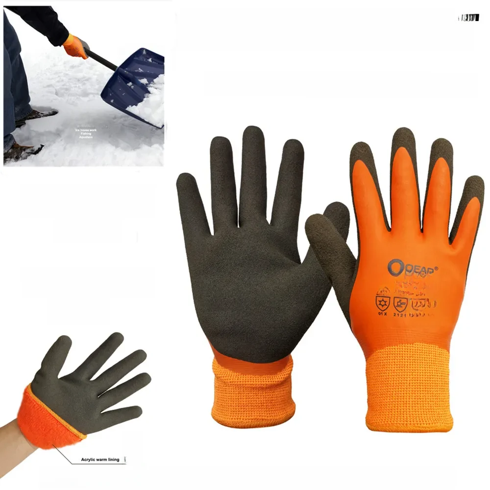 Thermal Work Safety Gloves, Fully Warm Fleece Lining Inside, Water- Proof Rubber Latex