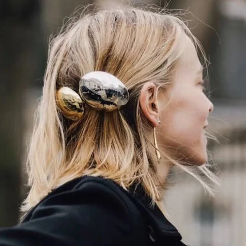 FFLACELL 2024 Design Geometric Glossy Gold Silver Color Metal Eggshell Hairgrips Barrettes for Women