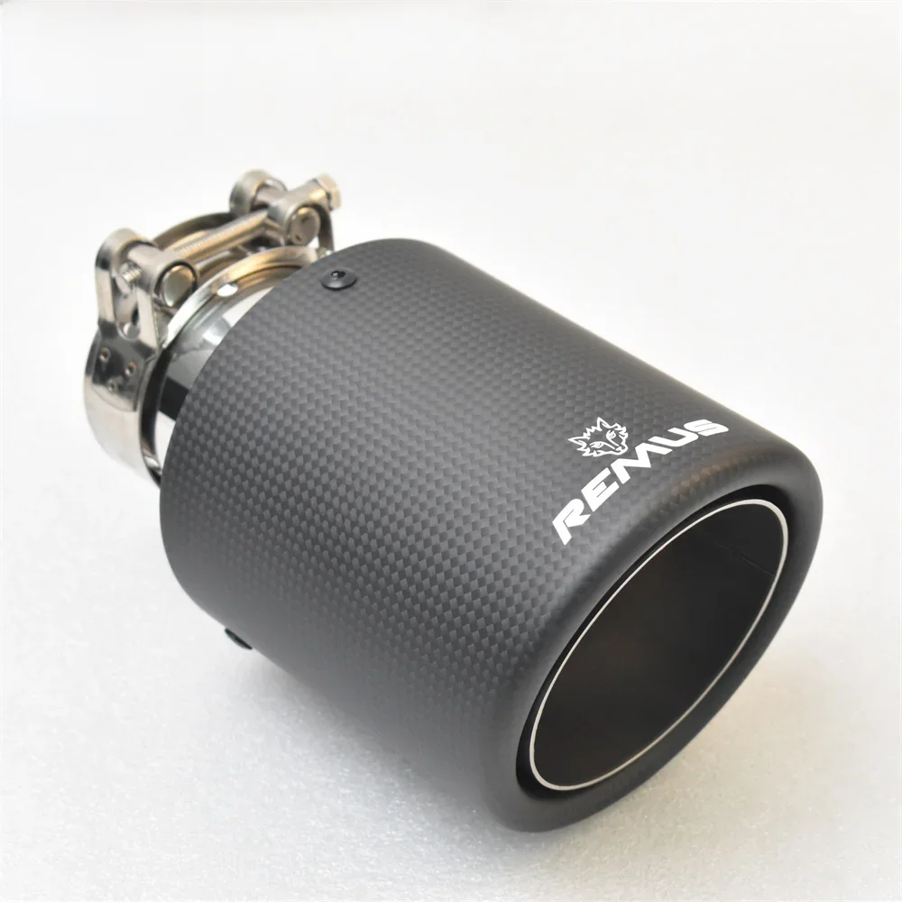 Car universal modiflcation stainless steel single exhaust pipe full carbon  remus logo matt black