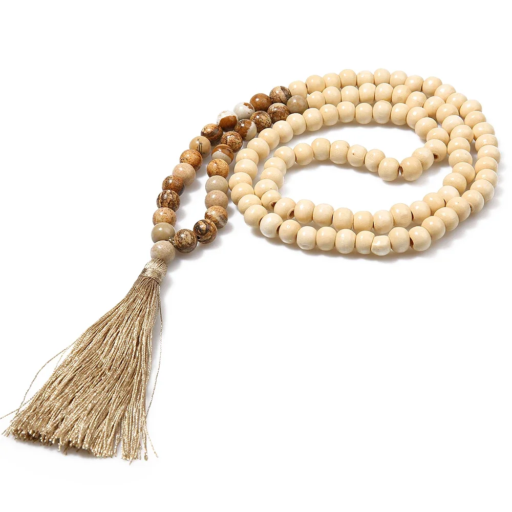 Fashion Bohemian Tassel Yoga Wooden Jewelry Handmade Natural Stone Tassel Necklace for Women and Men
