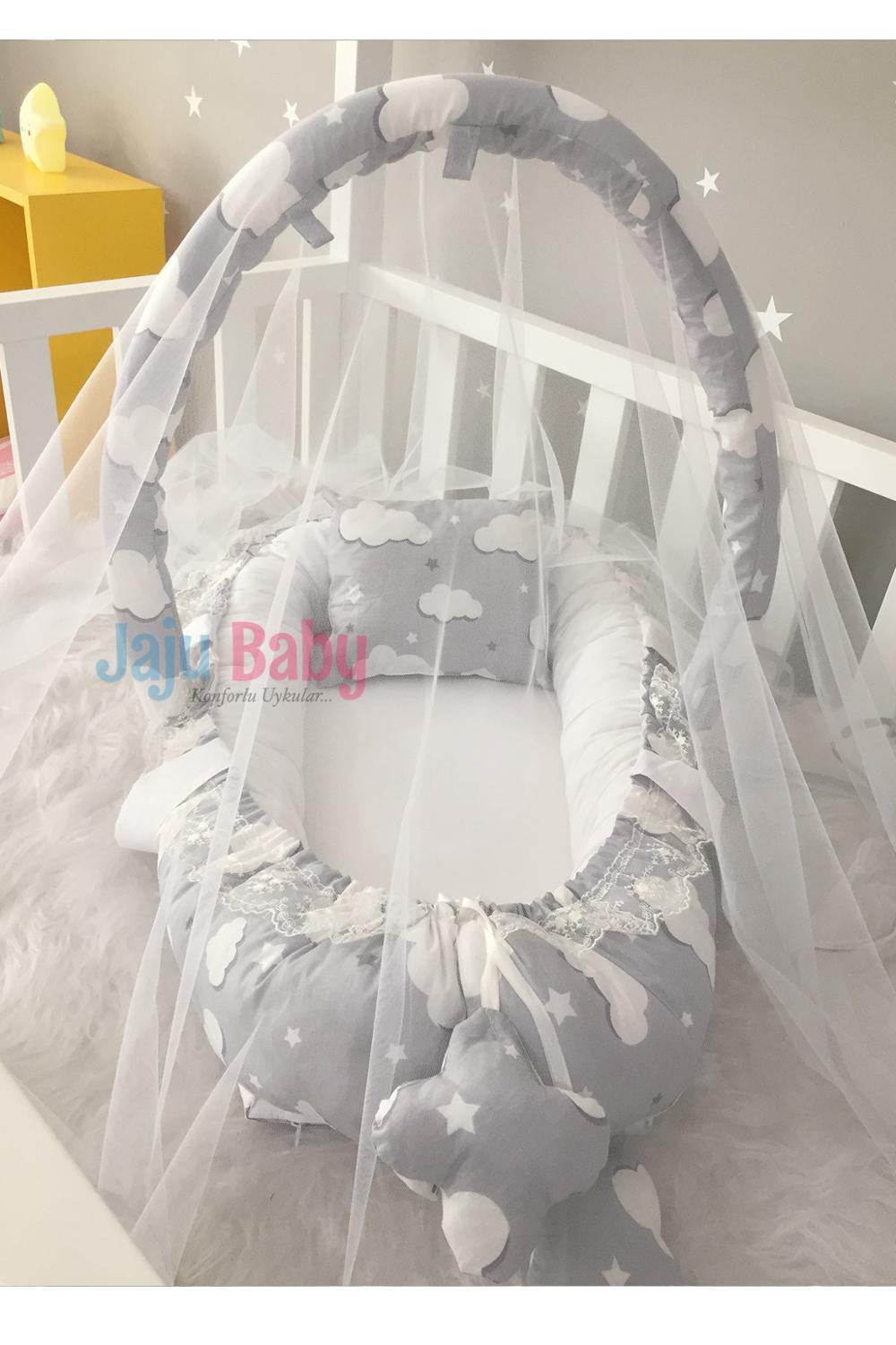 Jaju Baby Handmade Gray Cloud Pattern Mosquito Net and Toy Apparatus Luxury Design Babynest Mother Side Portable Baby Bed