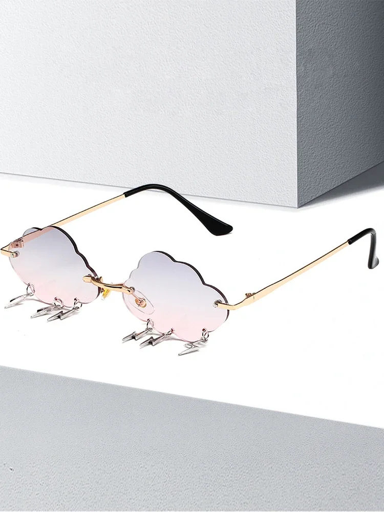 Fashion Rimless Cloud Shaped Sunglasses with Lightning Pendant Y2K Women's Luxury Sun Glasses Shades
