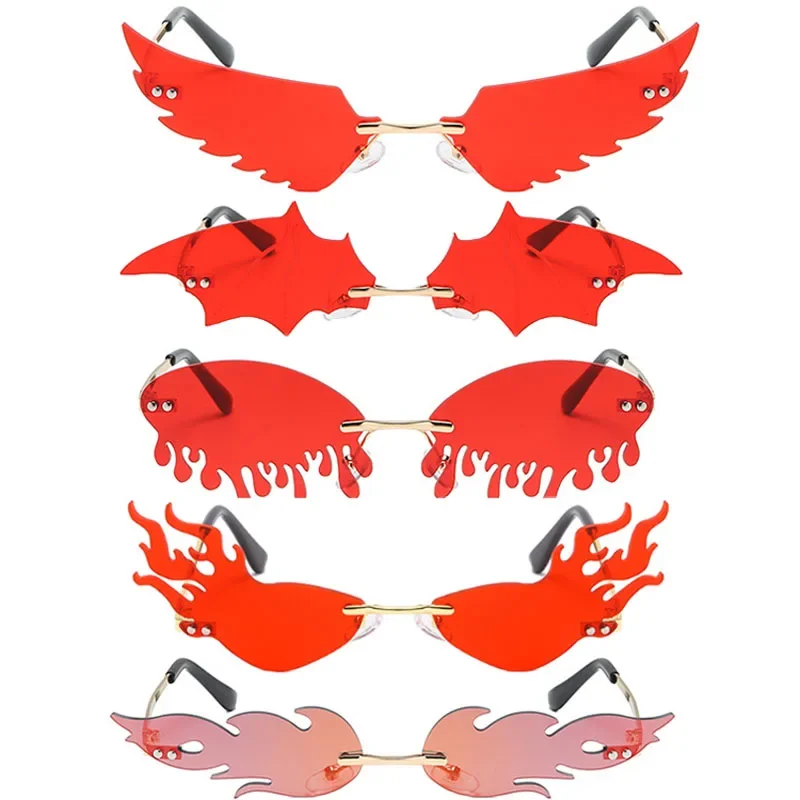 Rimless Flame Sunglasses Women Men Fashion Bat Sun Glasses for Girls Trendy Tears Sunglass Wing