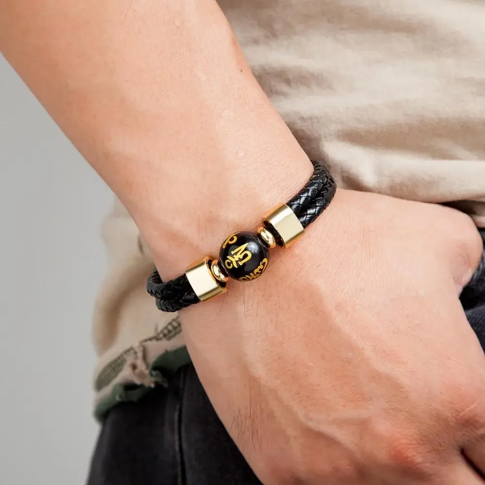 2020 New Design Men Leather Bracelets Charm Stainless steel Round Stone Beaded Bracelet Mens Jewelry