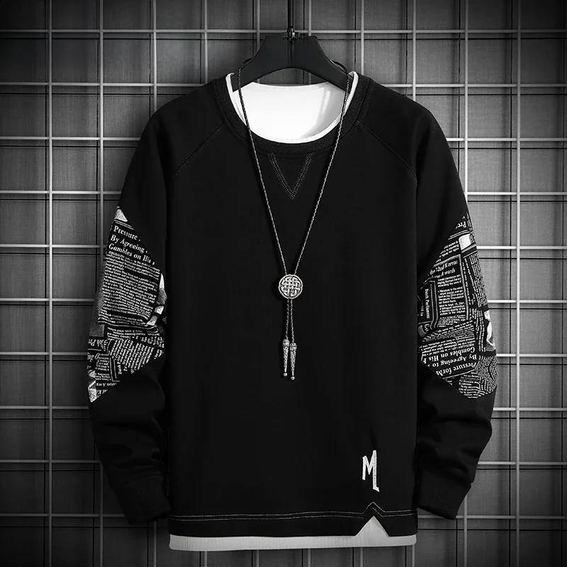 Single Road Crewneck Sweatshirt Men 2023 Spring Harajuku Oversized Japanese Streetwear Black Hoodie
