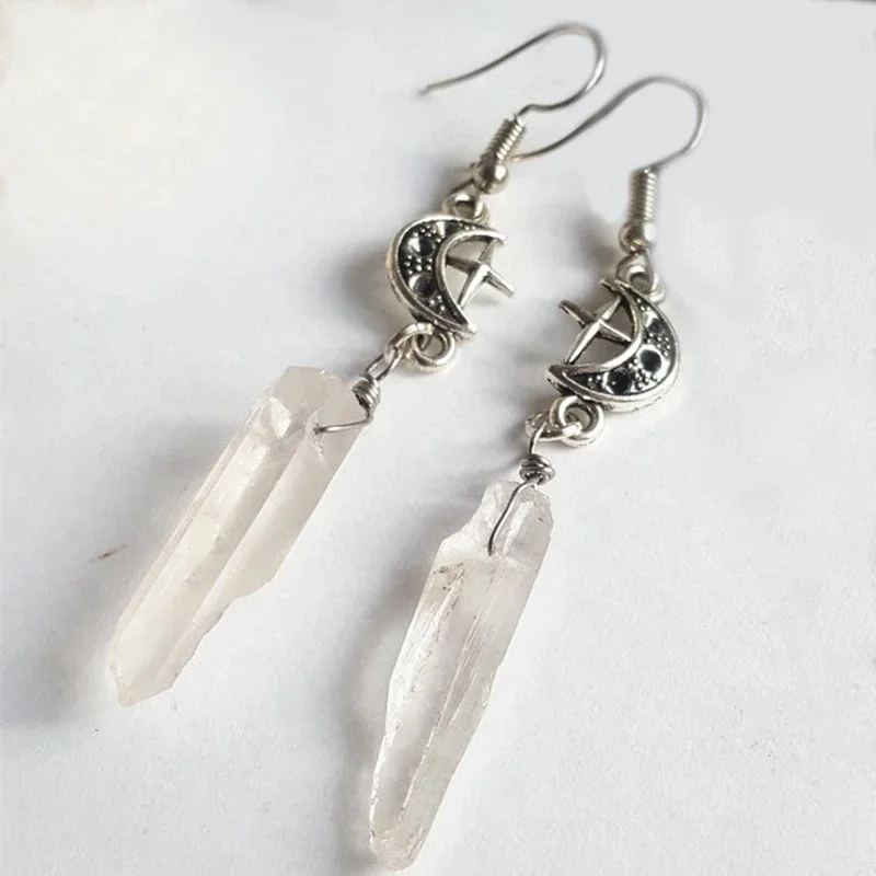 Clear Quartz Moon Earrings - Boho, Witchy, Natural Stones, Esoteric, Celestial, Alternative, Nugoth,