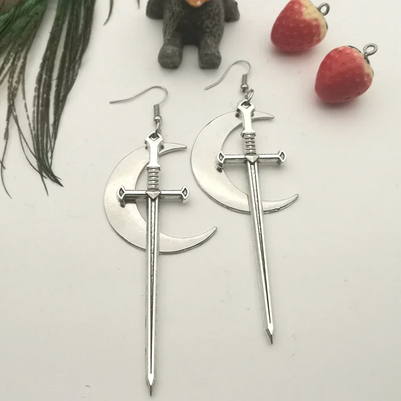 Swords Moon Earrings Witchy Warrior Pagan Viking Alternative Gothic Medieval Silver Color Classic