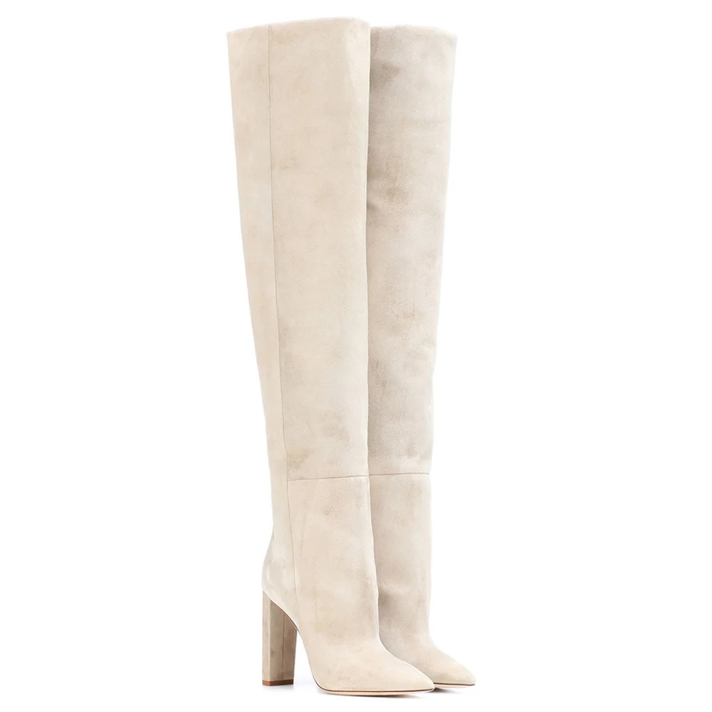 Women's knee-length suede high boots pointed toe thick heel set foot long boots ladies large size