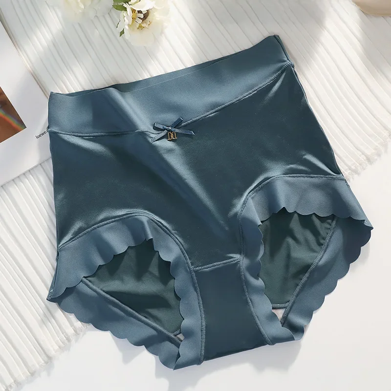 Women's Satin Panties Sexy Lace Underpants Luxury High Waist Solid Color Briefs Seamless Female