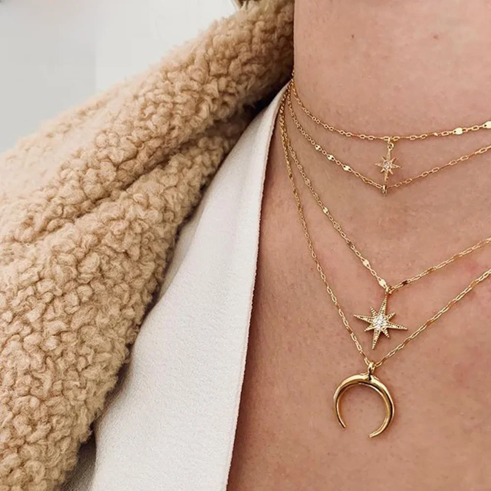 Multilevel New Vintage Boho Fashion Necklaces For Women Crystal Horn Disc Sequin Sun Lock Pendant