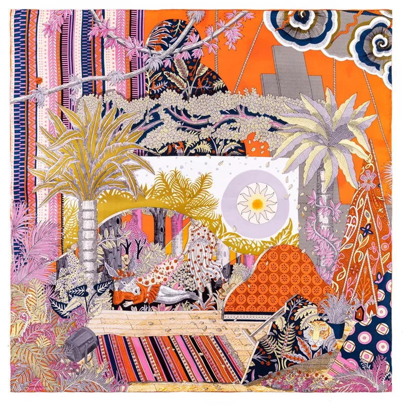 POBING Manual Hand Rolled Twill Silk Scarf Women Sun World Square Scarves Echarpes Foulards Femme