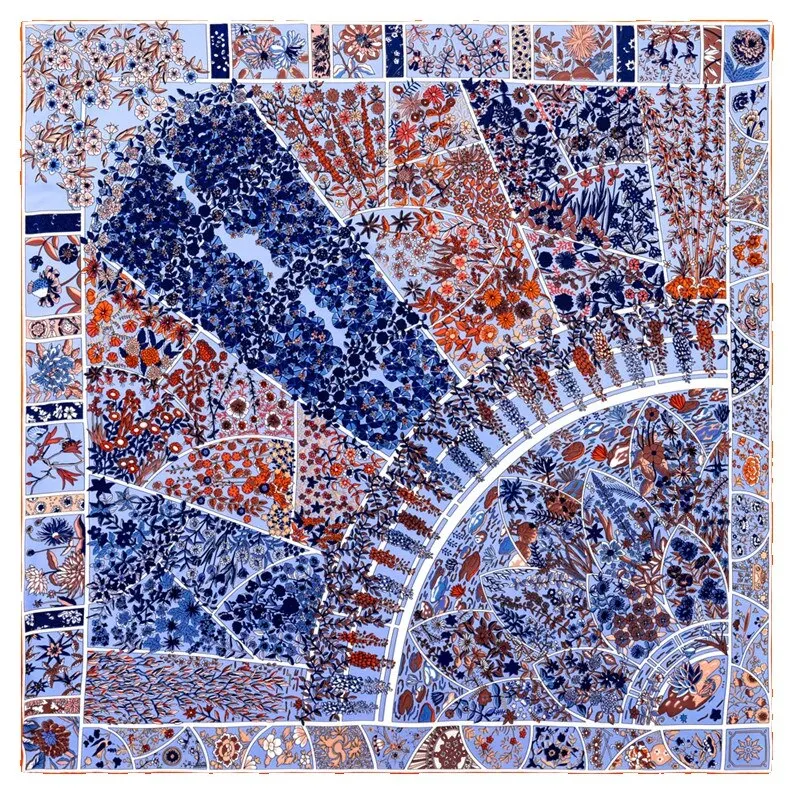 POBING Manual Hand Rolled Twill Silk Scarf Women Garden Print Square Scarves Echarpes Foulards Femme