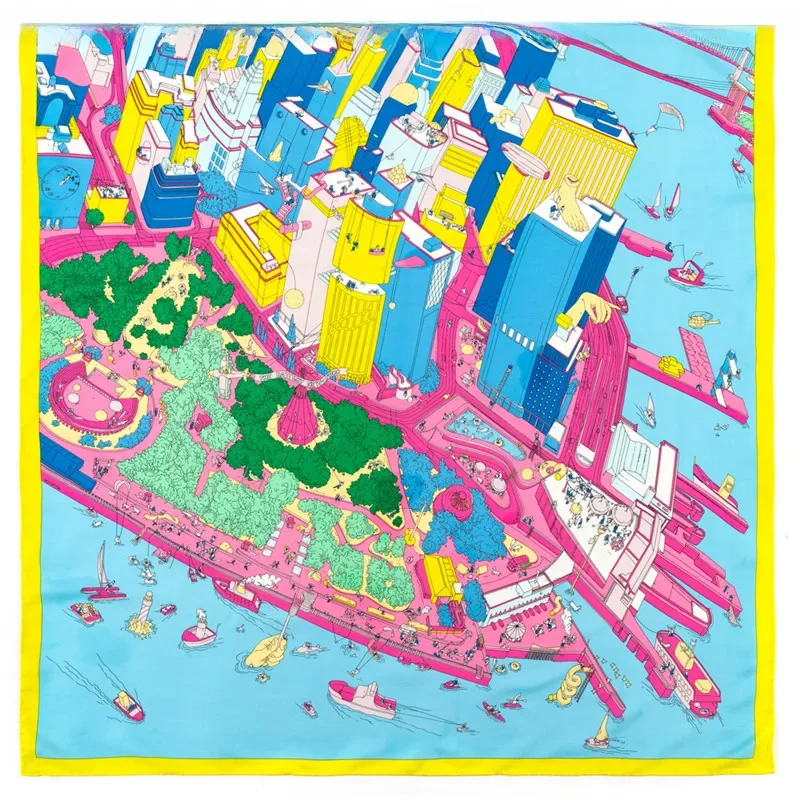 POBING Manual Hand Rolled Twill Silk Scarf Women Water City Print Square Scarves Echarpes Foulards