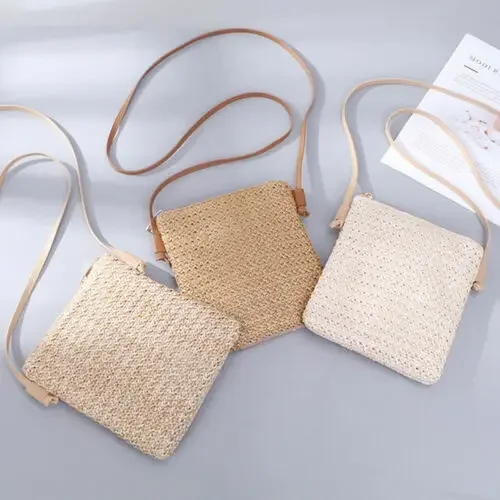 Eco-Friendly Solid Straw Woven Plait Small Bags  Sundries Messenger Holder Coin Card Comestic Travel