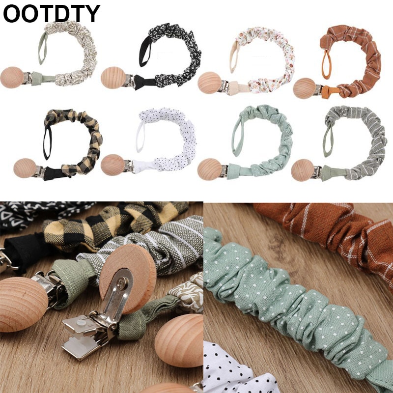 Baby Cotton Pacifier Chain Beech Wood Clip Infant Teething Toys Holder For Nipples Teether