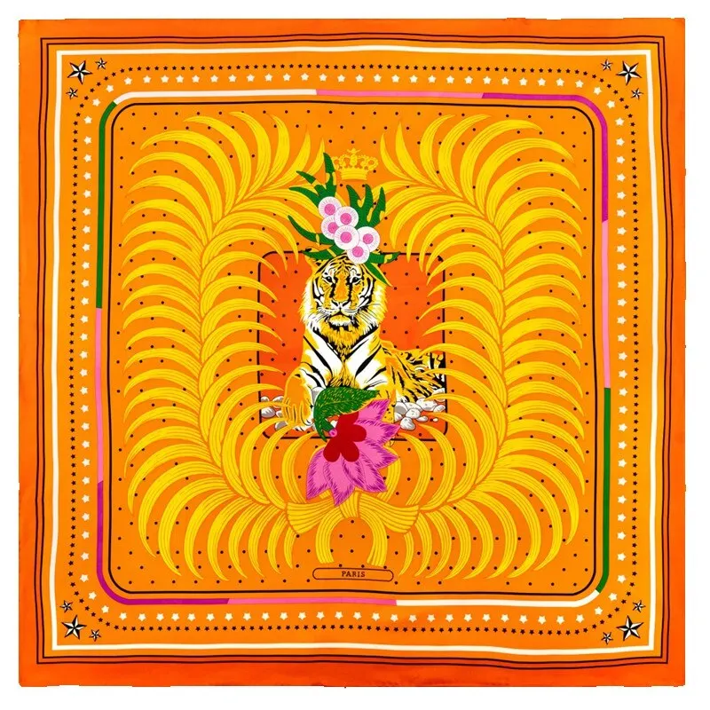 POBING Manual Hand Rolled Twill Silk Scarf Women Forest Tiger Square Scarves Echarpes Foulards Femme
