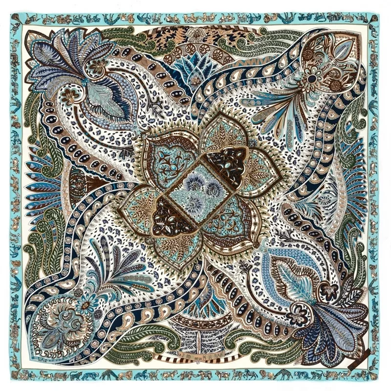 POBING Manual Hand Rolled Twill Silk Scarf Women Cashew Flowers Square Scarves Echarpes Foulards