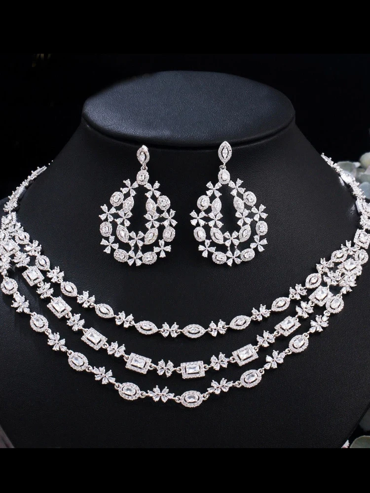 CWWZircons Luxury Shiny Dubai Cubic Zircon Paved Layered Wedding Necklace Earrings Bridal Jewelry Sets Costume Accessories T0681