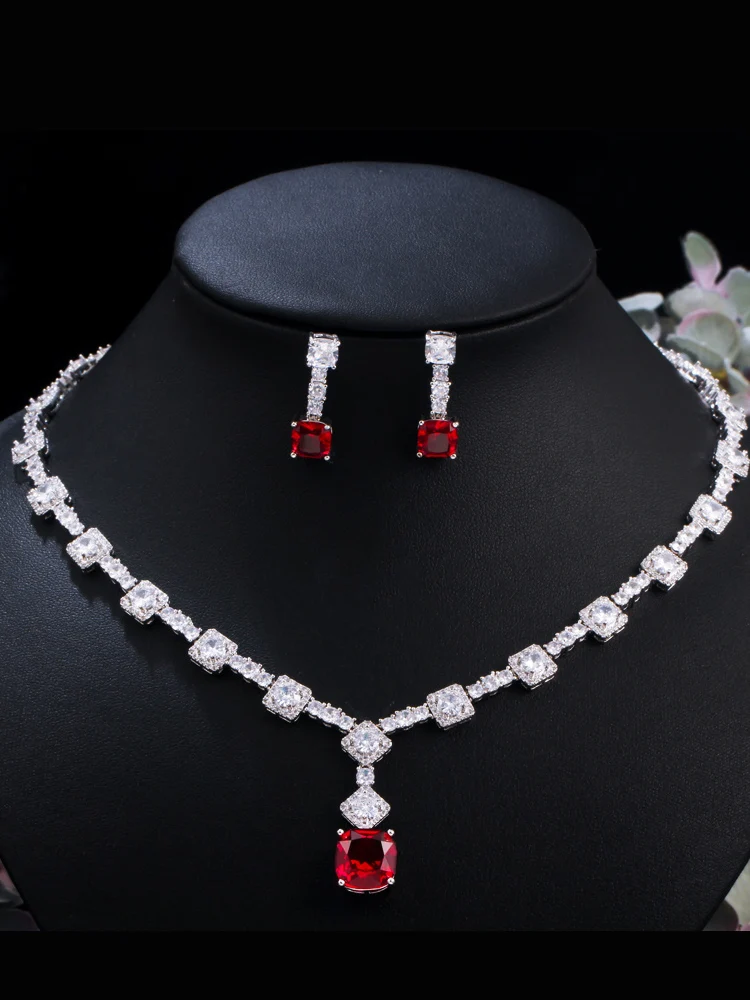 CWWZircons Chic Round and Square Cut Red Cubic Zirconia Women Wedding Party Jewelry Set Elegant