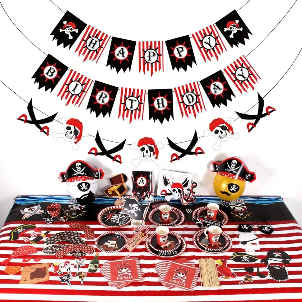 Pirate Theme Disposable Tableware Happy 1st Birthday Party Decorations Kids Napkins Paper Plates