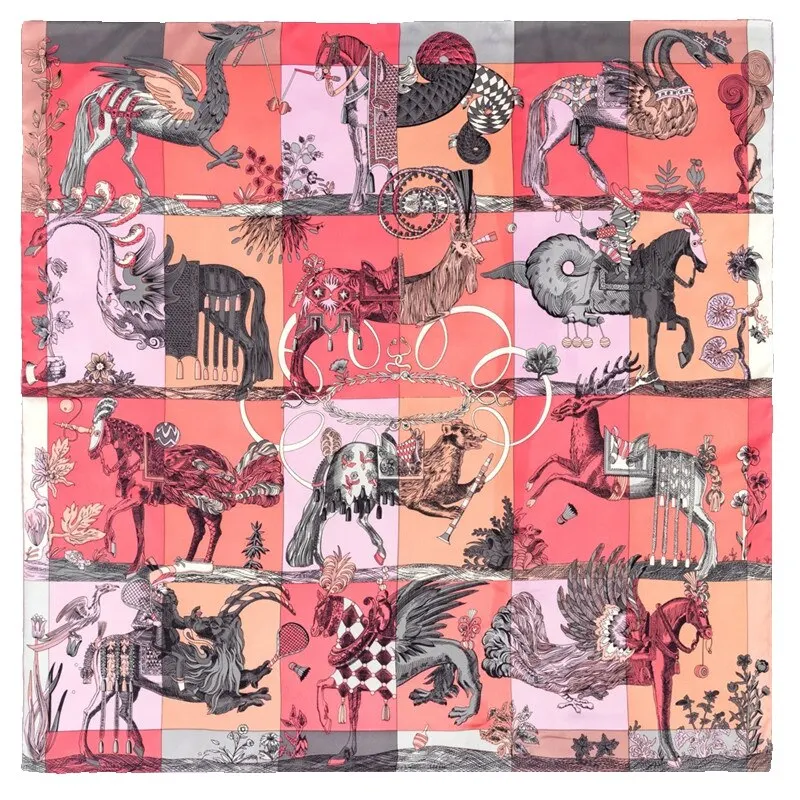 POBING Manual Hand Rolled Twill Silk Scarf Women Ancient Beast Square Scarves Echarpes Foulards