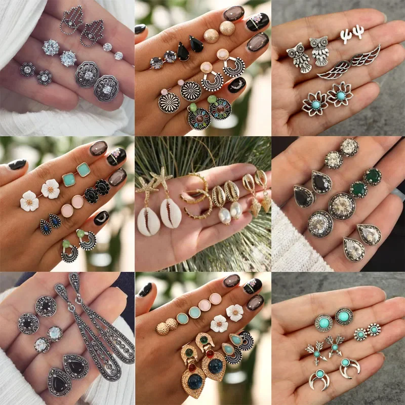 10 Style Vintage Geometric Stud Earrings Set For Women Fashion Shell Flower Star Hand Stone Mini