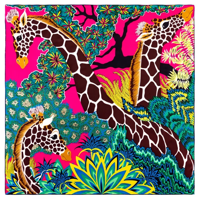 POBING Manual Hand Rolled Twill Silk Scarf Women Three Giraffes Square Scarves Echarpes Foulards