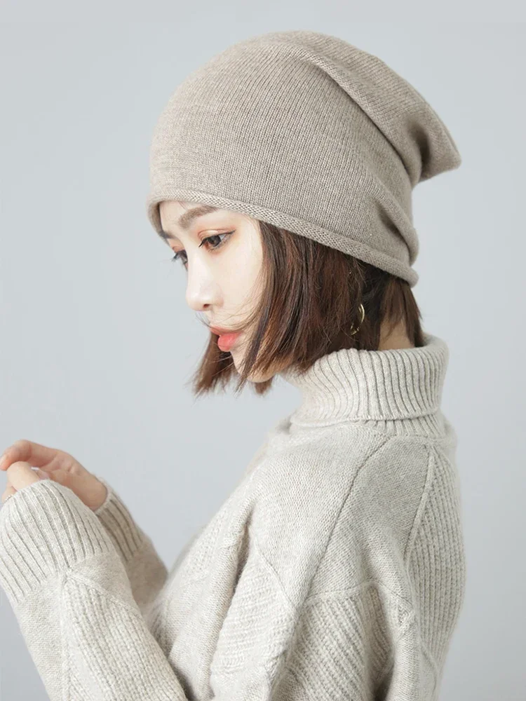 Women 35% Cashmere Plain Knitted Slouchy Beanie Hat Simple Solid Caps Rolled Hem Soft Wool Winter