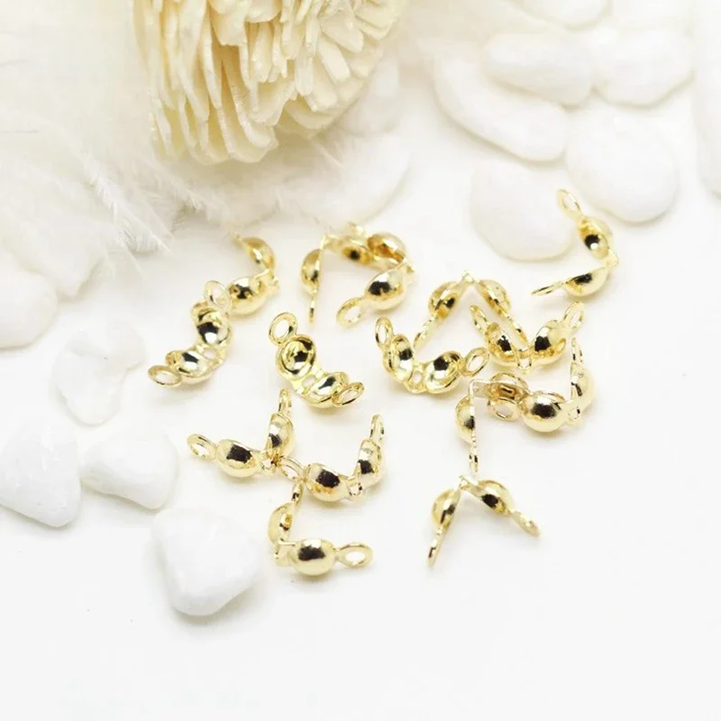 3mm/4mm 14K Gold Plated Brass Calotte Crimp Bead Tips Knot Covers Clamshell Fold-Over Bead Tips For DIY Jewelry Making Supplies