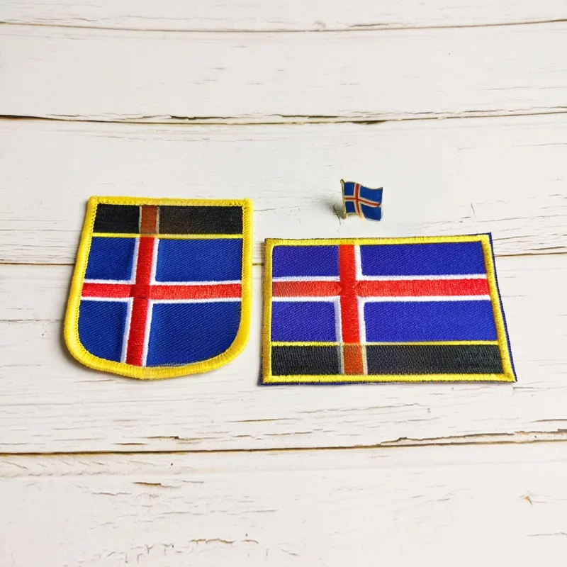 Iceland National Flag Embroidery Patches Badge Shield And Square Shape Pin One Set On The Cloth