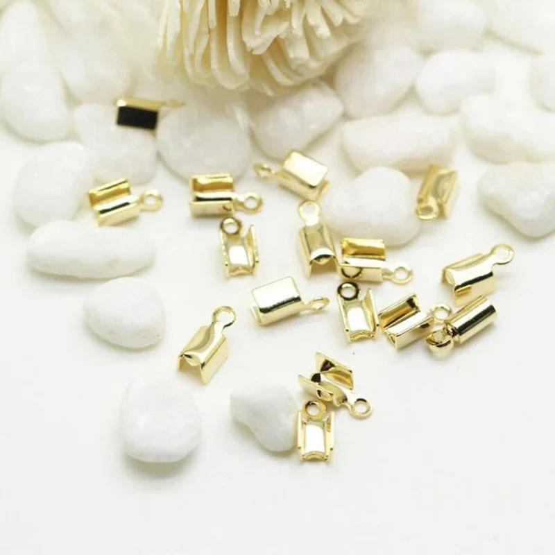 14K Gold Plated Cover Clasps Cord End Caps String Ribbon Leather Clip Tip Fold Crimp Bead Connectors For Jewelry Making Supplies