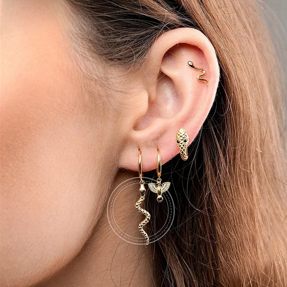 925 Sterling Silver Needle Vintage Gold Earrings Fashion Punk Snake Hoop Earrings for Women Party