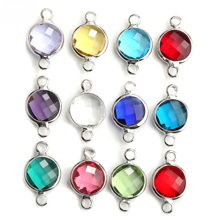 10pcs Wholesale 8mm Silver Color Crystal Birthstone Connector Charms for Diy Earring Bracelet Making Small Bead Jewelry Findings