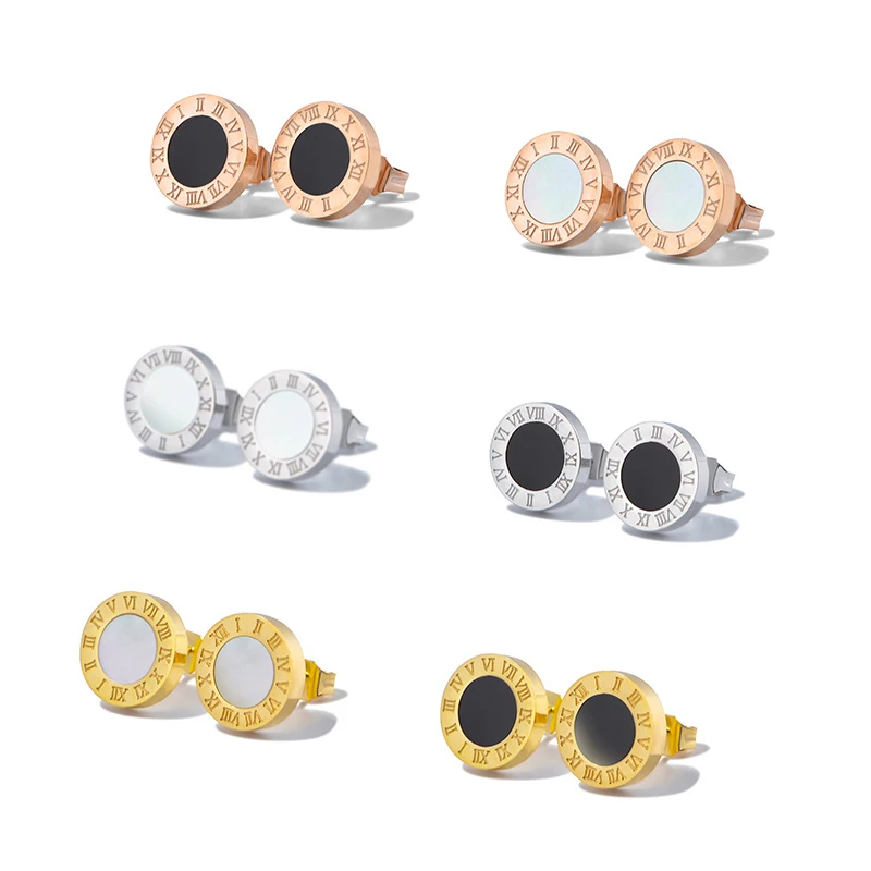 Classic Rose Gold Color Black White Shell With Letter Steel Stud Earrings For Men Women Fashion