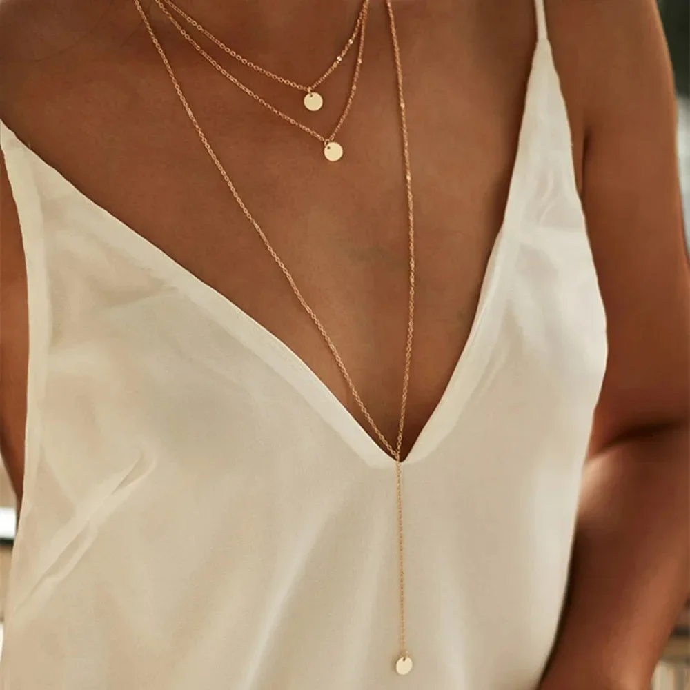 SUMENG New Arrival 2024 Fashion Minimalist Round Disco Coin Chain Necklace Pendant Dainty Sequins