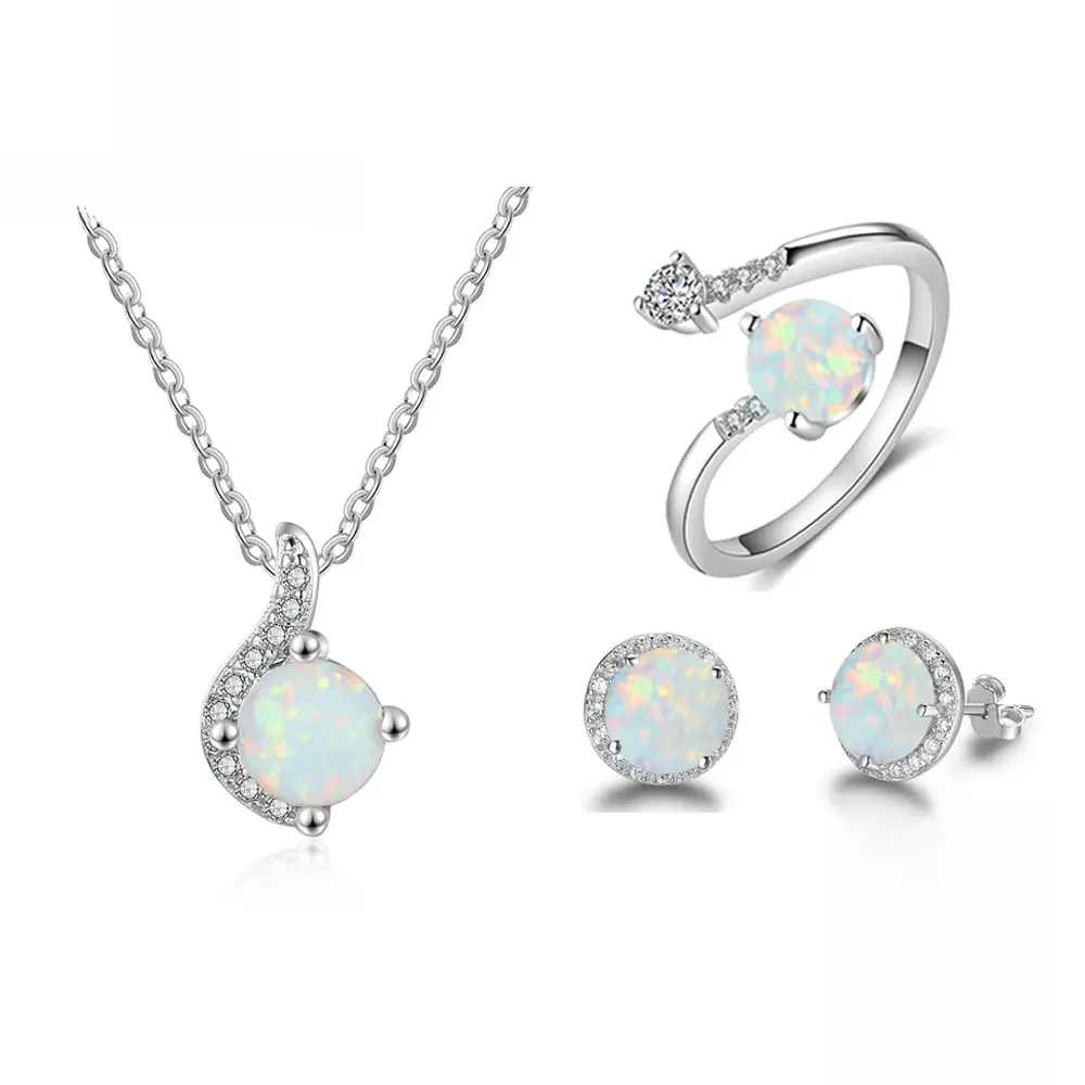 Jewelry Sets for Women Dainty 925 Sterling Silver White Opal Ring Earrings Chain Necklace Wedding