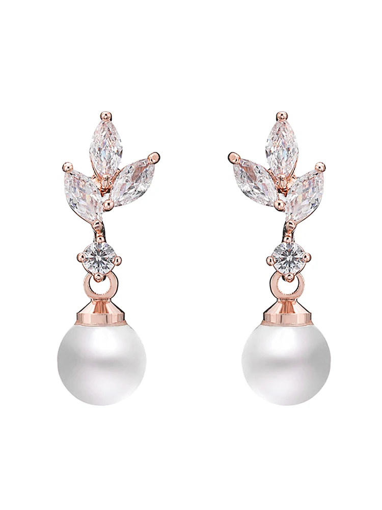 ZAKOL Simple Cubic Zirconia Pearl Bridal Earrings for Women Fashion Leaf Zircon Dangle Earring