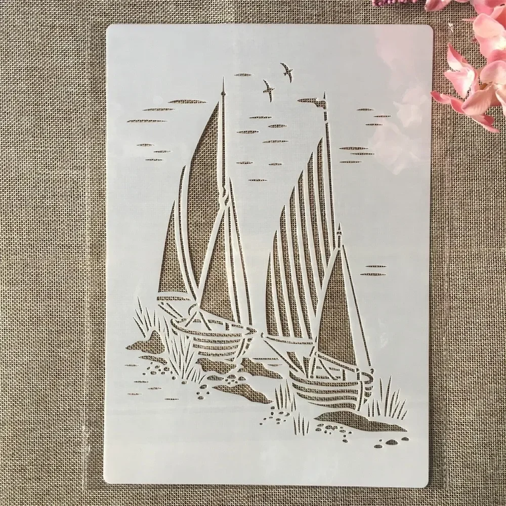 A4 29cm Two Sail Boat Marine DIY Layering Stencils Wall Painting Scrapbook Coloring Embossing Album Decorative Template