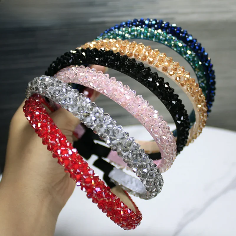 Lystrfac Solid Color Luxury Rhinestone Headband for Women Beads Bezel Shiny Hairband Girls Bride