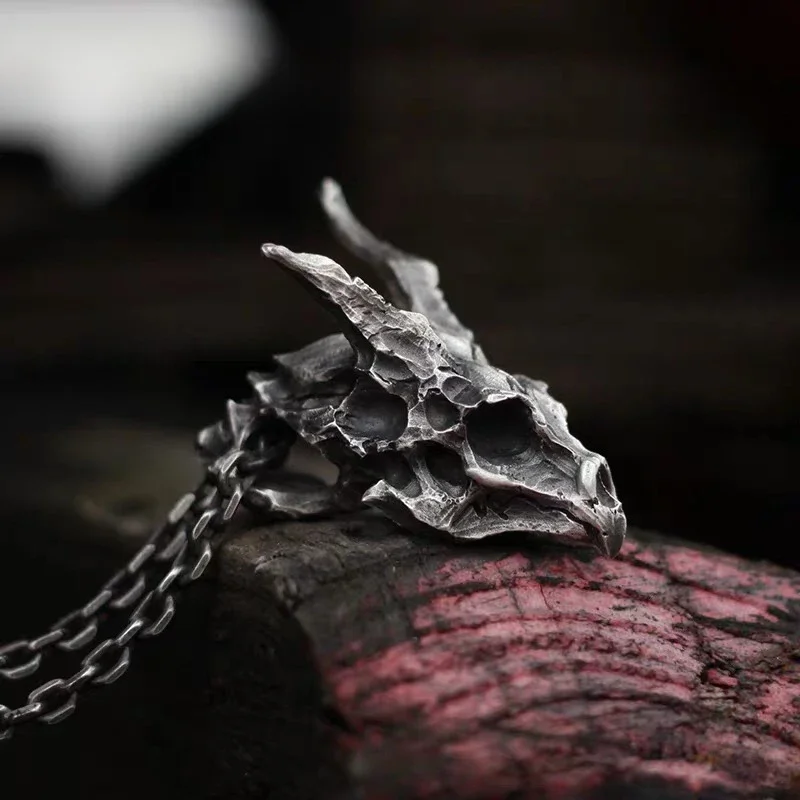 Freeshipping Charms Viking Dragon Skull Pendant Necklace Men's Fashion Biker Rock Punk Jewelry Antique Retro Chain Gift OSD