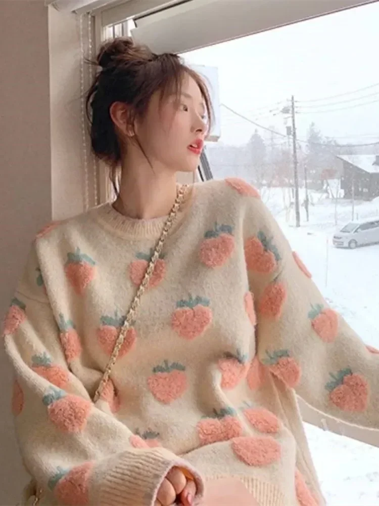 Winter Knitted Sweater Women Strawberry Embroidery Oversized Pullovers Harajuku Casual O-Neck Loose Knitwear Jumper Sueter Mujer