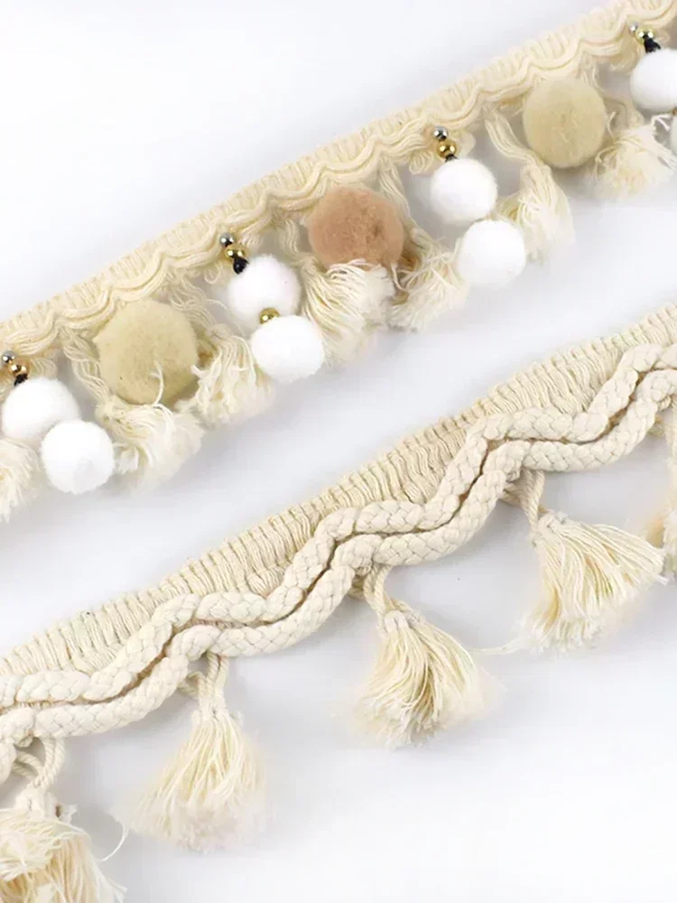 2Yards Meetee Pom Trim Ball Fringe Ribbon Beige White Tassel Lace Knitted Fabric Beaded Handmade