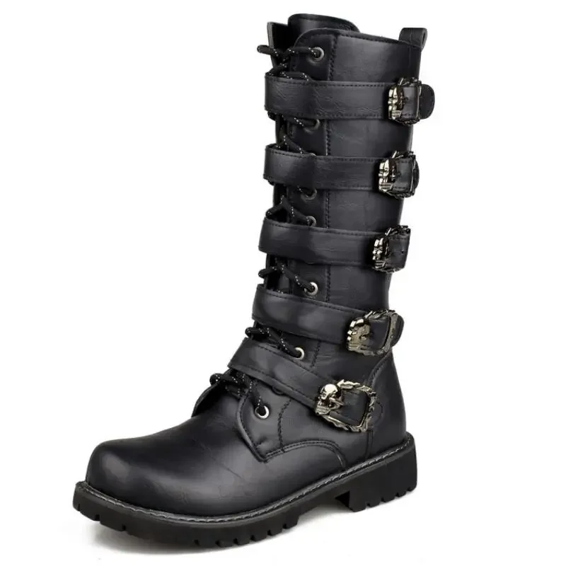Large Size 38-46 Men's PU Leather Motorcycle Boots Mid-calf Breathable Combat Boots Gothic Belt Punk Boots Men Rock Punk Sh