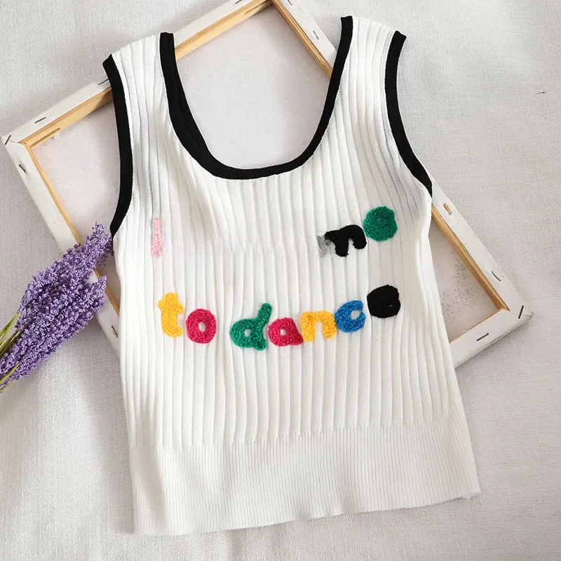 HELIAR Women Tank Tops Plain Letters Embriodred Cute Tanks Women Round Neck Sweet Candy Knitted Tank