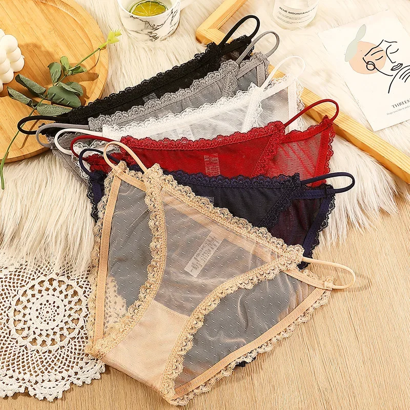 Women's underwear sexy seamless lace hollow out gauze ribbon middle waist female panties ladies