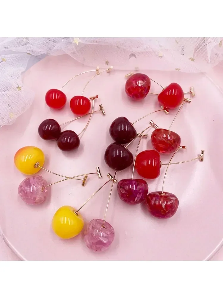 Korea Japan Sweet Clear Resin Red Cherry Earrings Gold Color Alloy Separated Drop Dangle Earrings