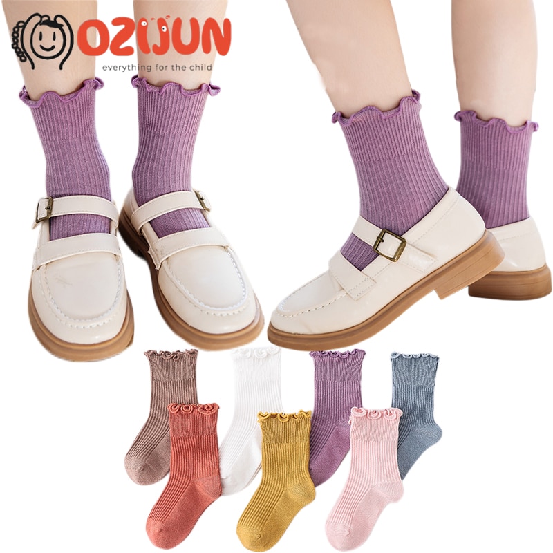 Wholesale Casual Kids Girl Ruffle Crew Socks Combed Cotton Soft Double Needle Socks 0-12 Years Solid Color Baby Princess Socks