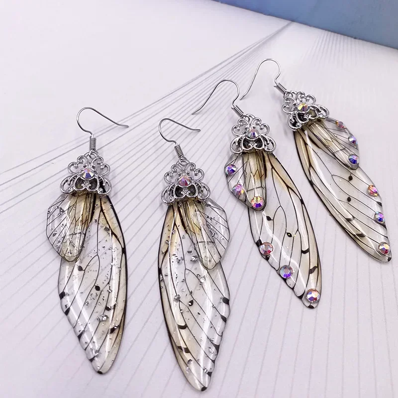 Handmade Fairy Clear Resin Simulation Wing Earrings Foil Rhinestones Butterfly Drop Earrings
