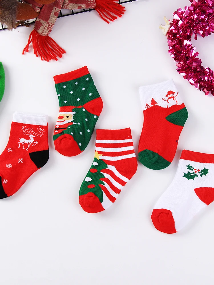 5Pairs/lot New Year Baby Christmas Socks Kids Sock Cute Lovely Boy Girls Cotton Red Gift Sock Autumn